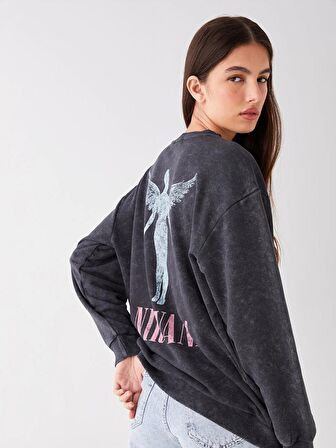Bisiklet Yaka Nirvana Baskılı Uzun Kollu Oversize Kadın Sweatshirt
