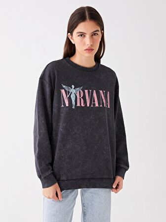 Bisiklet Yaka Nirvana Baskılı Uzun Kollu Oversize Kadın Sweatshirt
