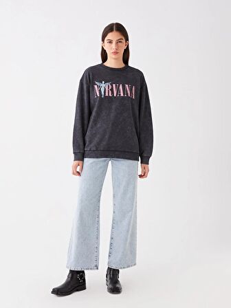 Bisiklet Yaka Nirvana Baskılı Uzun Kollu Oversize Kadın Sweatshirt