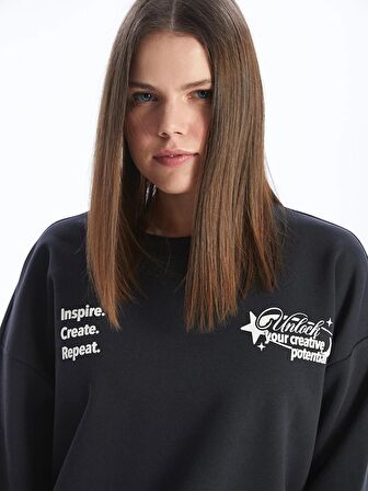 Bisiklet Yaka Baskılı Uzun Kollu Oversize Kadın Sweatshirt