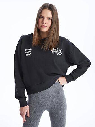 Bisiklet Yaka Baskılı Uzun Kollu Oversize Kadın Sweatshirt