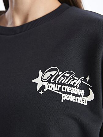 Bisiklet Yaka Baskılı Uzun Kollu Oversize Kadın Sweatshirt
