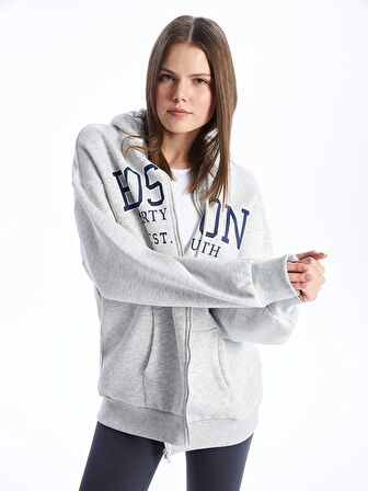 Kapüşonlu Baskılı Uzun Kollu Oversize Kadın Fermuarlı Sweatshirt