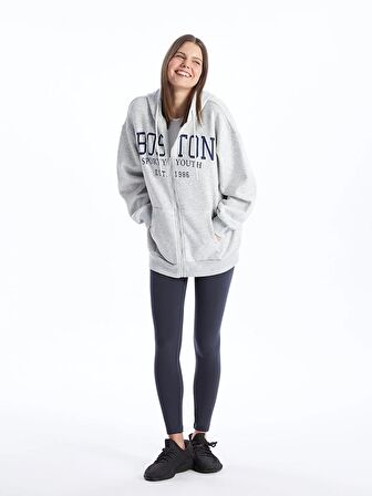 Kapüşonlu Baskılı Uzun Kollu Oversize Kadın Fermuarlı Sweatshirt