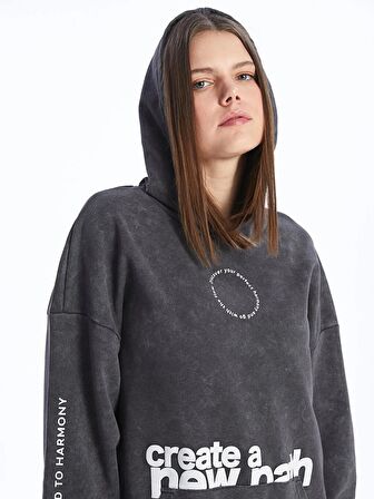 Baskılı Uzun Kollu Oversize Kadın Hoodie