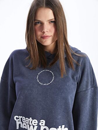 Baskılı Uzun Kollu Oversize Kadın Hoodie