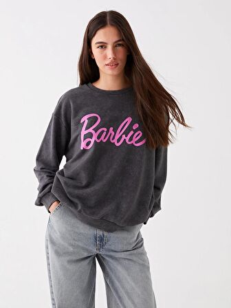 Bisiklet Yaka Barbie Baskılı Uzun Kollu Oversize Kadın Sweatshirt