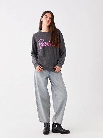 Bisiklet Yaka Barbie Baskılı Uzun Kollu Oversize Kadın Sweatshirt