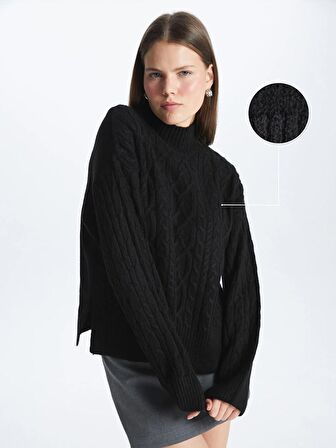 Yarım Balıkçı Yaka Kendinden Desenli Uzun Kollu Oversize Kadın Triko Kazak
