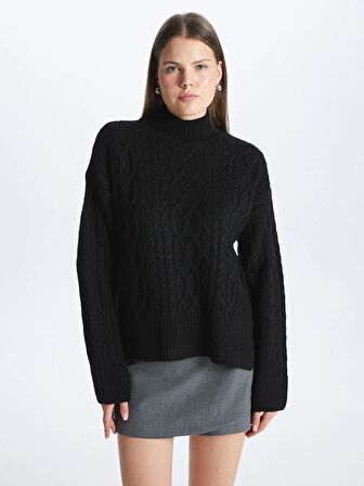Yarım Balıkçı Yaka Kendinden Desenli Uzun Kollu Oversize Kadın Triko Kazak
