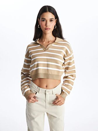 Polo Yaka Çizgili Uzun Kollu Crop Kadın Triko Kazak