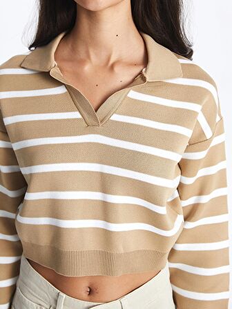 Polo Yaka Çizgili Uzun Kollu Crop Kadın Triko Kazak
