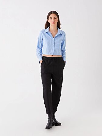 Beli Lastikli Düz Keten Görünümlü Kadın Pantolon