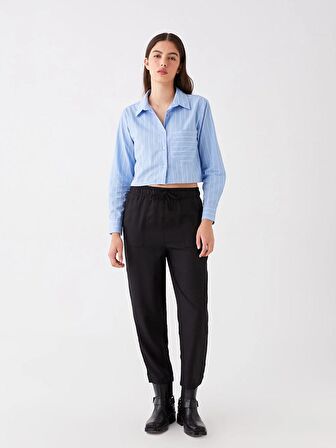 Beli Lastikli Düz Keten Görünümlü Kadın Pantolon
