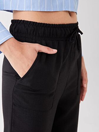 Beli Lastikli Düz Keten Görünümlü Kadın Pantolon