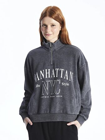 Dik Yaka Baskılı Uzun Kollu Oversize Kadın Sweatshirt