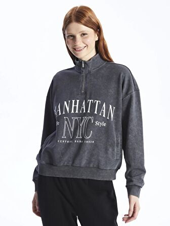 Dik Yaka Baskılı Uzun Kollu Oversize Kadın Sweatshirt