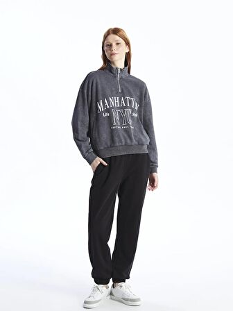 Dik Yaka Baskılı Uzun Kollu Oversize Kadın Sweatshirt