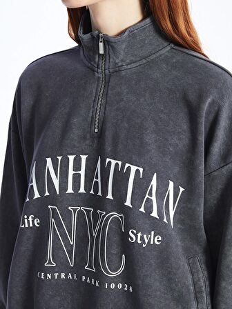 Dik Yaka Baskılı Uzun Kollu Oversize Kadın Sweatshirt