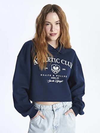 Polo Yaka Baskılı Uzun Kollu Oversize Kadın Sweatshirt