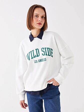 Bisiklet Yaka Baskılı Uzun Kollu Oversize Kadın Sweatshirt