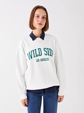 Bisiklet Yaka Baskılı Uzun Kollu Oversize Kadın Sweatshirt