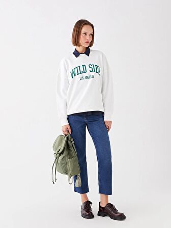 Bisiklet Yaka Baskılı Uzun Kollu Oversize Kadın Sweatshirt