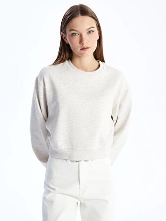 Bisiklet Yaka Düz Uzun Kollu Crop Kadın Sweatshirt