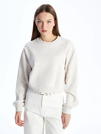 Bisiklet Yaka Düz Uzun Kollu Crop Kadın Sweatshirt
