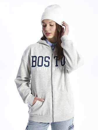 Kapüşonlu Baskılı Uzun Kollu Oversize Kadın Fermuarlı Sweatshirt