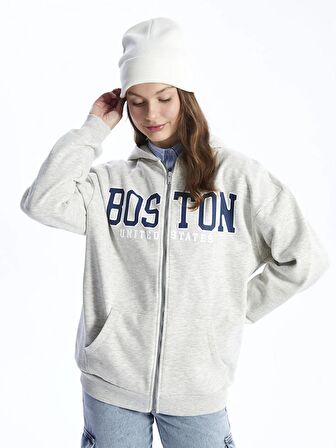 Kapüşonlu Baskılı Uzun Kollu Oversize Kadın Fermuarlı Sweatshirt