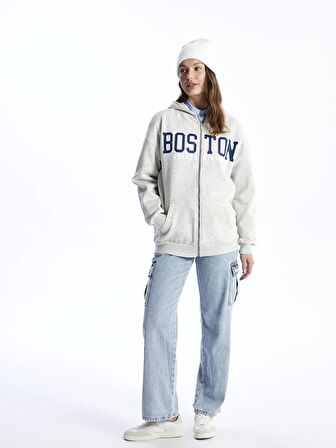 Kapüşonlu Baskılı Uzun Kollu Oversize Kadın Fermuarlı Sweatshirt