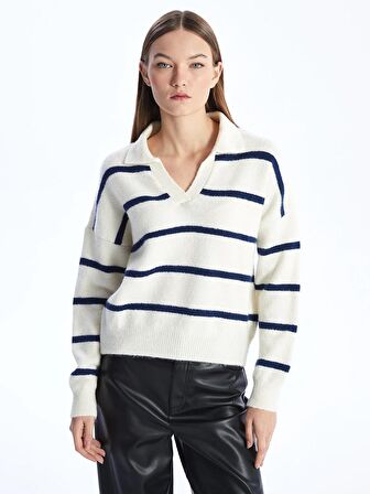 Polo Yaka Çizgili Uzun Kollu Oversize Kadın Triko Kazak
