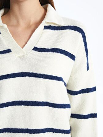 Polo Yaka Çizgili Uzun Kollu Oversize Kadın Triko Kazak
