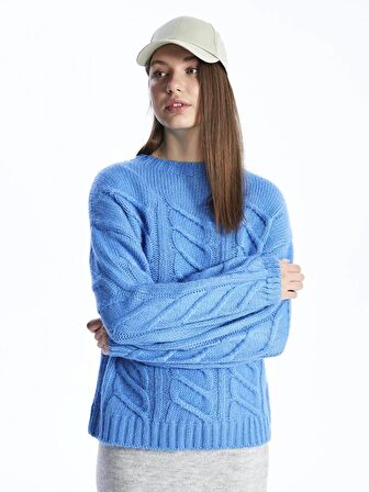 Bisiklet Yaka Kendinden Desenli Balon Kollu Kadın Triko Kazak