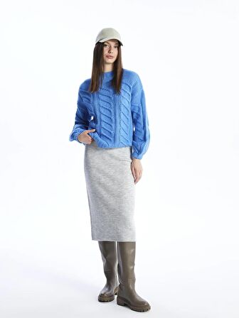 Bisiklet Yaka Kendinden Desenli Balon Kollu Kadın Triko Kazak