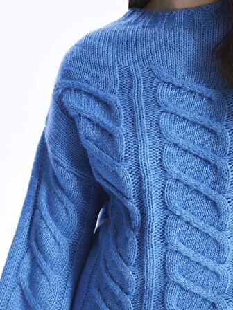 Bisiklet Yaka Kendinden Desenli Balon Kollu Kadın Triko Kazak