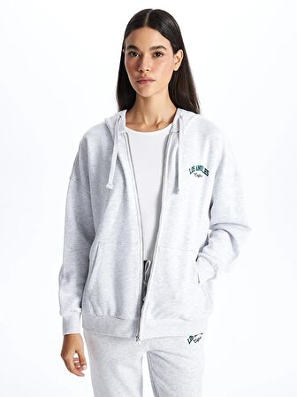 Kapüşonlu Baskılı Uzun Kollu Kadın Fermuarlı Sweatshirt