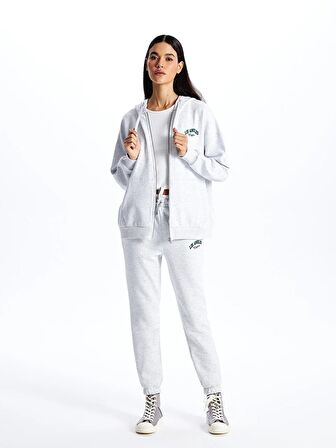 Kapüşonlu Baskılı Uzun Kollu Kadın Fermuarlı Sweatshirt
