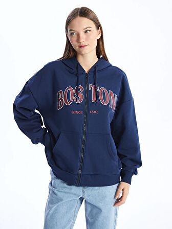 Kapüşonlu Baskılı Uzun Kollu Oversize Kadın Fermuarlı Sweatshirt