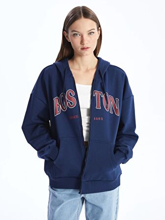 Kapüşonlu Baskılı Uzun Kollu Oversize Kadın Fermuarlı Sweatshirt