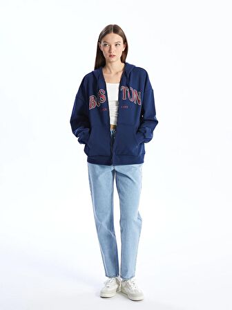 Kapüşonlu Baskılı Uzun Kollu Oversize Kadın Fermuarlı Sweatshirt