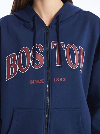 Kapüşonlu Baskılı Uzun Kollu Oversize Kadın Fermuarlı Sweatshirt