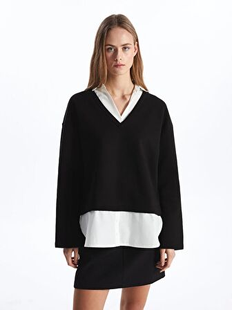 Gömlek Yaka Düz Uzun Kollu Oversize Kadın Sweatshirt