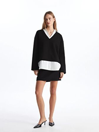 Gömlek Yaka Düz Uzun Kollu Oversize Kadın Sweatshirt
