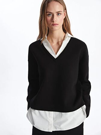 Gömlek Yaka Düz Uzun Kollu Oversize Kadın Sweatshirt
