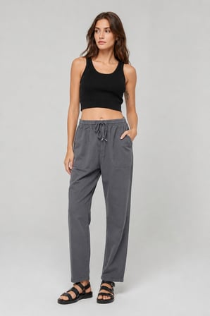Yüksek Bel Beli Lastikli Keten Pantolon