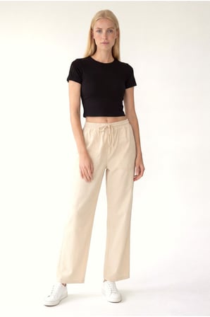 Yüksek Bel Beli Lastikli Keten Pantolon
