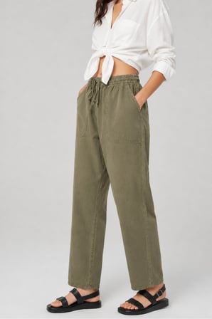 Yüksek Bel Beli Lastikli Keten Pantolon