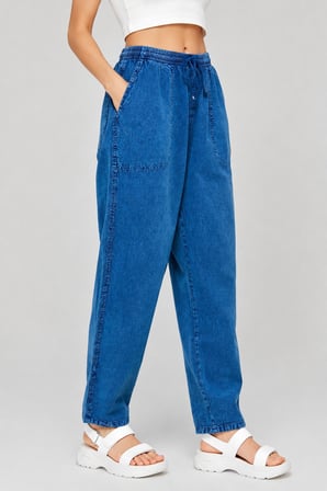 Yüksek Bel Beli Lastikli Keten Pantolon